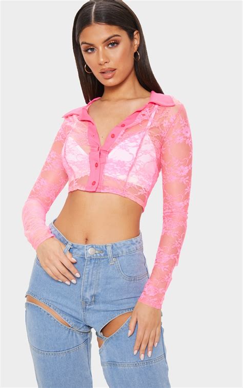 Neon Pink Lace Long Sleeve Crop Top | Tops | PrettyLittleThing