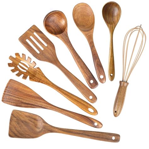 Wooden Kitchen Utensils for Cooking,Natural Teak Wood Utensil Set,Wooden Spoons for Cooking ...