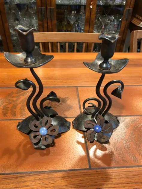 VINTAGE PAIR OF Hand Forged Wrought Iron Candlesticks Holders, 10" Tall, 4" Wide $129.99 - PicClick