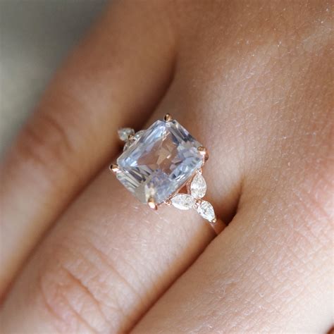 White sapphire engagement ring. color change sapphire ring 4.07ct emerald cut ring Rose gold ...