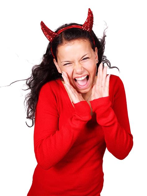 woman, red, sweater, headband, costume, screaming, demon, devil, evil ...