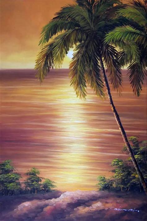 Pacific Island Hawaii Orange Sunset Palm Oil Painting DM 0203-in ...