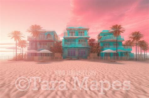 Pink Mansion Digital Backdrop - Doll Mansion on Beach Digital Backdrop - Beach Mansion Digital ...