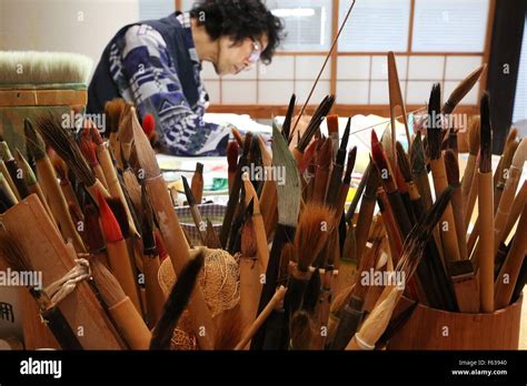 Traditional Japanese calligraphy brushes during the Japanese Calligraphy Brush Festival ...