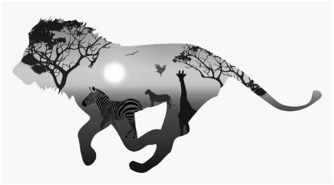 #ftestickers #lion #silhouette #doubleexposure - Black And White Lion Paintings, HD Png Download ...