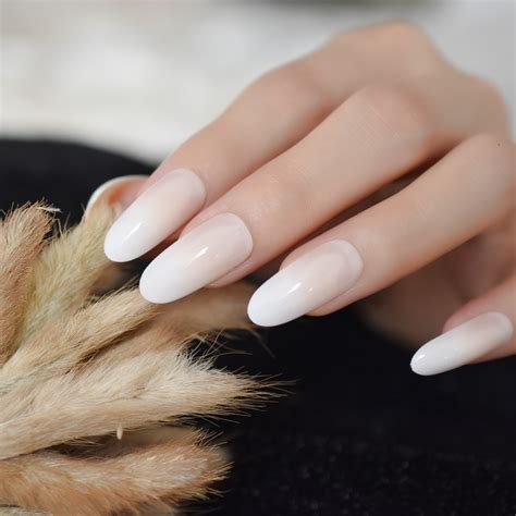 Gradient Natural Pink White French False Fake Nails Long Oval Round ...