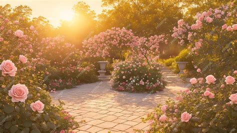 Premium AI Image | A tranquil rose garden with winding pathways and delicate blooms