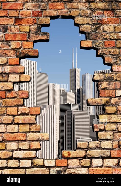 View through a hole in the wall onto the skyline of a big city, portrait format Stock Photo - Alamy