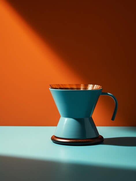 Premium Photo | A blue coffee cup with a brown handle sits on a blue table in front of a orange ...