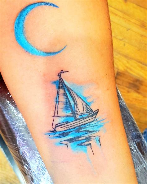 Blue sailboat and crescent moon tattoo | Blue ink tattoos, Hip tattoo ...