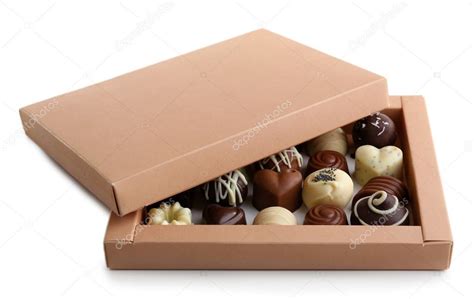 Delicious chocolate candies in gift box isolated on white Stock Photo ...