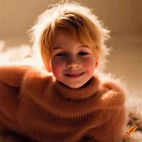 Blond boy wearing fuzzy mohair sweater lying on fur rug on Craiyon
