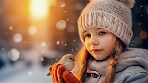 Premium AI Image | Pretty small girl in winter clothes holding sparrow bird on hand on winter ...