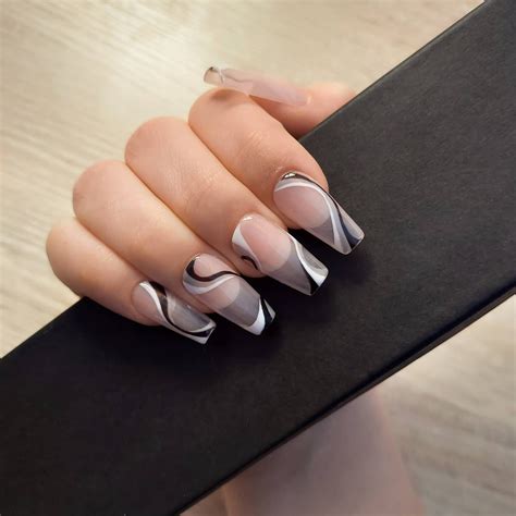 Black and White Negative Space Press on Nails Coffin Shape | Etsy