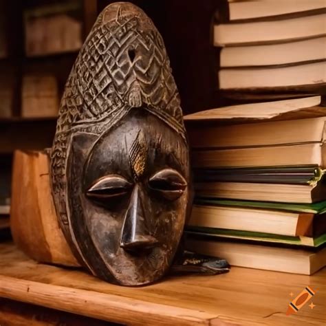 Intricately carved antique african mask on wooden desk with books in ...