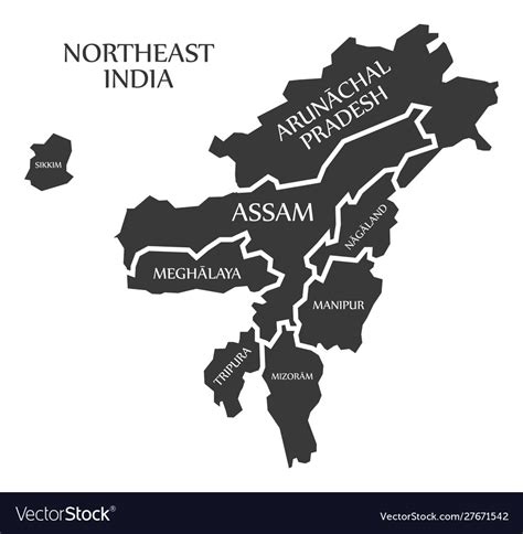 Northeast india region map labelled black Vector Image