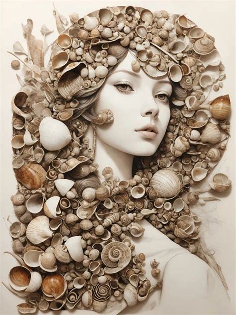 a collage depicting a female portrait made of snail and shell shells nel 2024