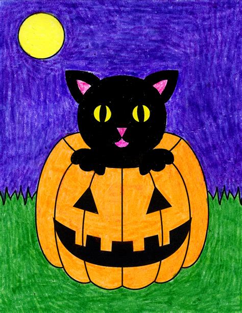 How to Draw a Halloween Cat Tutorial, Halloween Cat Color Page