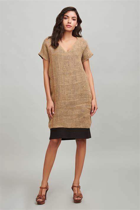 Buy Beige Shell 100% Jute Lining 100% Recycled Polyester V Neck Dress For Women by Dash and Dot ...