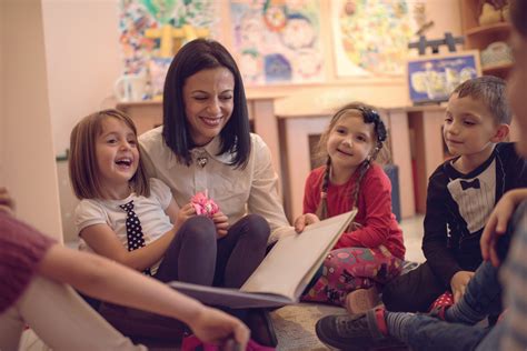 Happy preschool teacher telling stories to group of kids. - Adapt Education