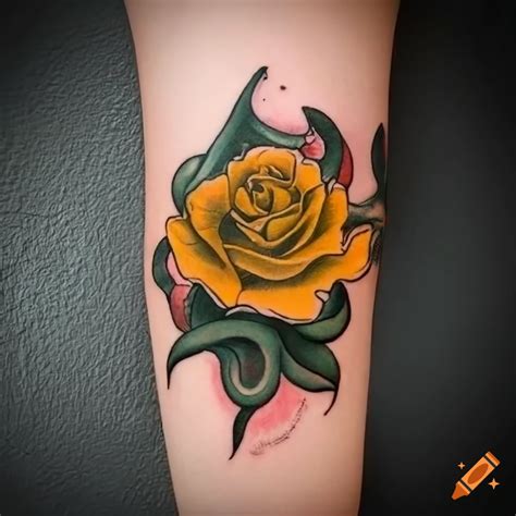 Neotraditional yellow rose tattoo with kraken tentacles