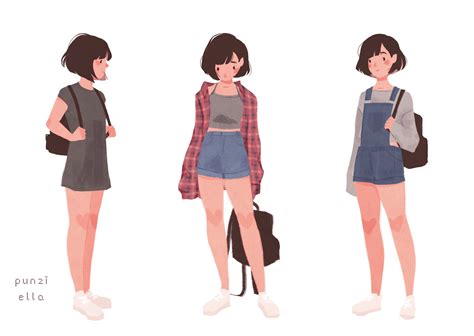 three different views of a woman in overalls and plaid shirt, with one holding a backpack