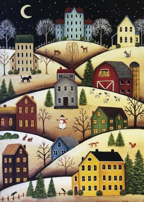 Acrylic Hand Painted and Stenciled Folk Art Winter Scene Painting | Folk art, Primitive painting ...