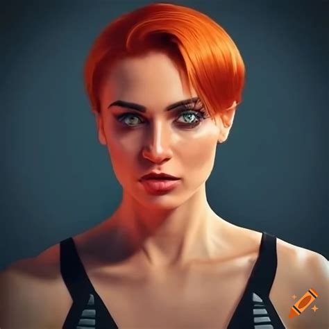 Portrait of a woman with short red hair and green eyes in futuristic ...