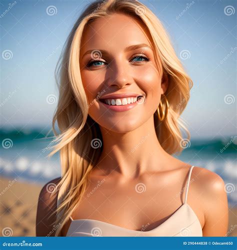 Cute Blonde Girl in Summer Dress Smiling at Sunset on the Beach ...