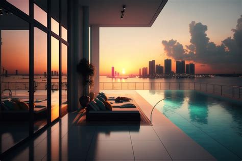 Premium Photo | A balcony with a swimming pool and sunset view ...