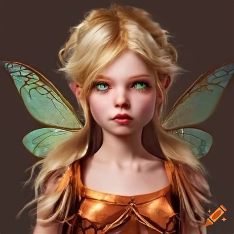 Blonde fairy with green eyes and copper outfit on Craiyon