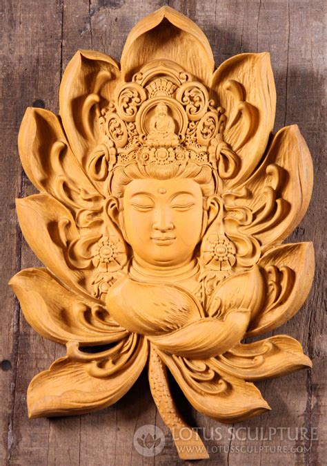 Hand Carved Wooden Kwan Yin Face on Lotus Flower Wall Hanging Sculpture 20" (#154vw7): Hindu ...