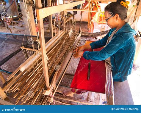 A Female Weaver Producing Silk Fabric on a Traditional Hand Loom on Silk Island / Koh Dach Near ...