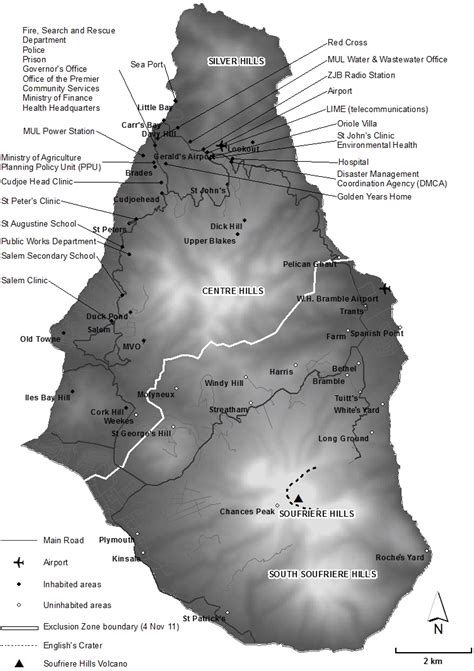 Map of Montserrat, showing the exclusion zone (Montserrat Volcano... | Download Scientific Diagram