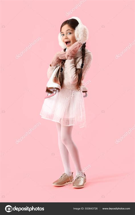 Funny Little Girl Ice Skates Color Background Stock Photo by ©serezniy 553643726