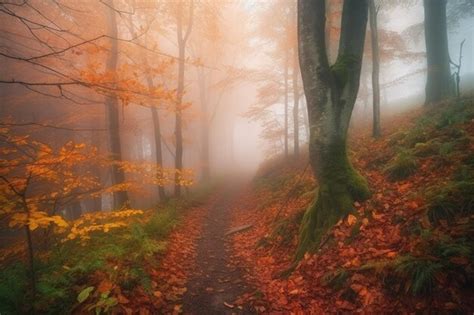 Premium AI Image | A path in a foggy forest with a tree on the left and a path that leads to the ...