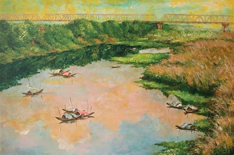 The Red River - Vietnamese Lacquer Painting by Artist Nguyen Xuan Viet