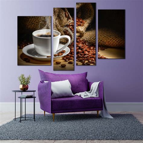 Coffee Mug Canvas Wall Art, Brown Coffee Beans Multiple Canvas, White ...