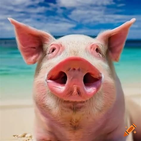 Funny image of a pig watching youtube on the beach on Craiyon
