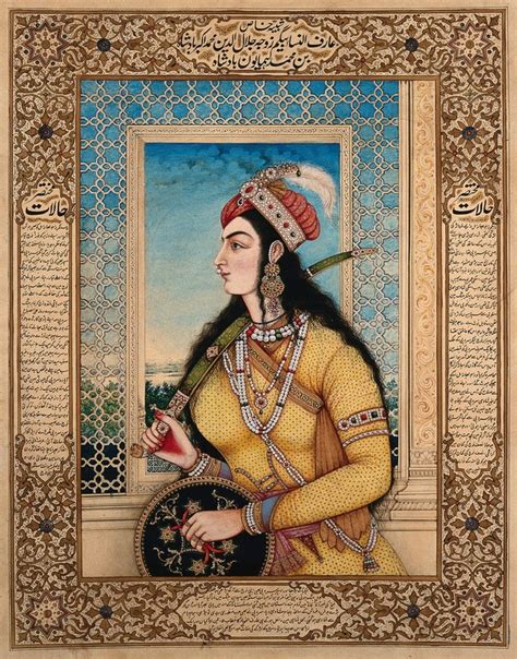 Badshah of Jalundur's begum holding a sword and a shield. Gouache ...