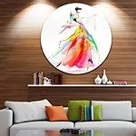 Design Art Young Woman Yellow Red Abstract Portrait Circle Metal Wall Art