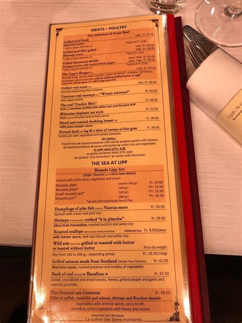 Menu au Brasserie Lipp, Genève, Confédération centre