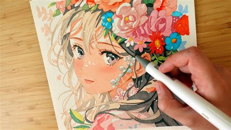 Drawing Anime Girl with Markers on Watercolor Paper 💐🌸 - YouTube