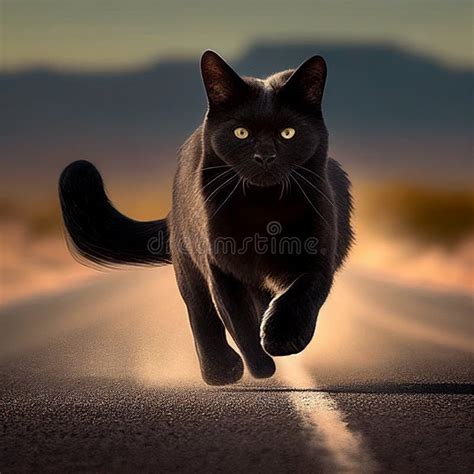 Black Cat with Yellow Eyes Crosses Road, Close-up. Bad Omen ...