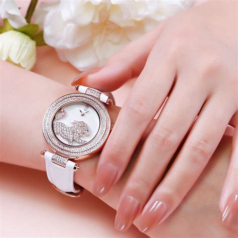 Jeulia "Wild Beauty" Lion Quartz White Leather Watch with Mother of ...