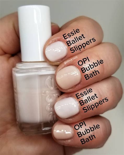 Comparison Swatches ♡ Essie | Ballet Slippers (index, ring) • OPI | Bubble Bath (middle, pinky ...