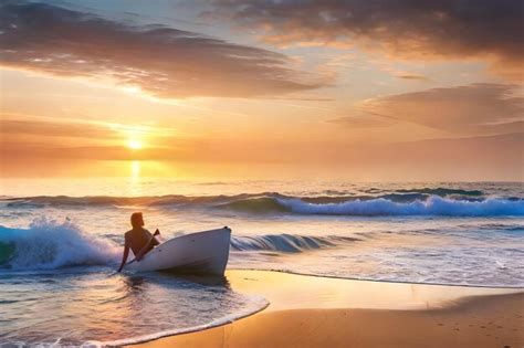 Premium Photo | A woman in a canoe sits on the beach at sunset.