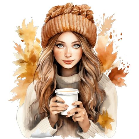 Premium Photo | Cute watercolor autumn fall woman with leaves and coffee illustration