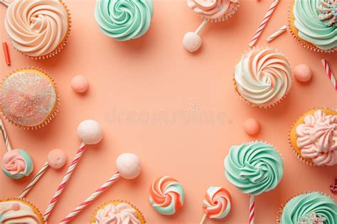 Peach Fuzz Table Top on Peach Background with Decorated Lollipops and Cupcakes, Children ...