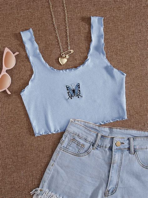 Top tank ribete en forma de lechuga con bordado de mariposa | Really ...